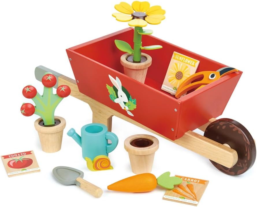 Tender Leaf Toys - Garden Wheelbarrow Set - Deluxe Garden Pretend Play Wooden Toy Set for Gardening Tender Leaf Toys - Garden Wheelbarrow Set - Deluxe Garden Pretend Play Wooden Toy Set for Gardening - Educational, Creative and Imaginative Fun in Garden for Children 3+