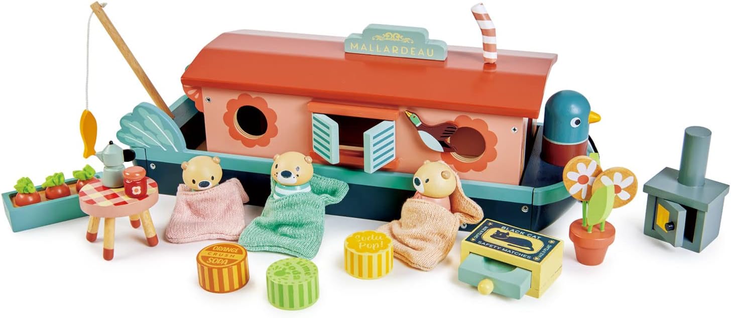Tender Leaf Toys - Little Otter Canal Boat - 23 Pcs Furnished Wooden Boat Toy Tender Leaf Toys - Little Otter Canal Boat - 23 Pcs Furnished Wooden Boat Toy with Removeable Roof and Animal Figures - Gender-Neutral Open-Ended Play Set for Story Telling - Age 3 +