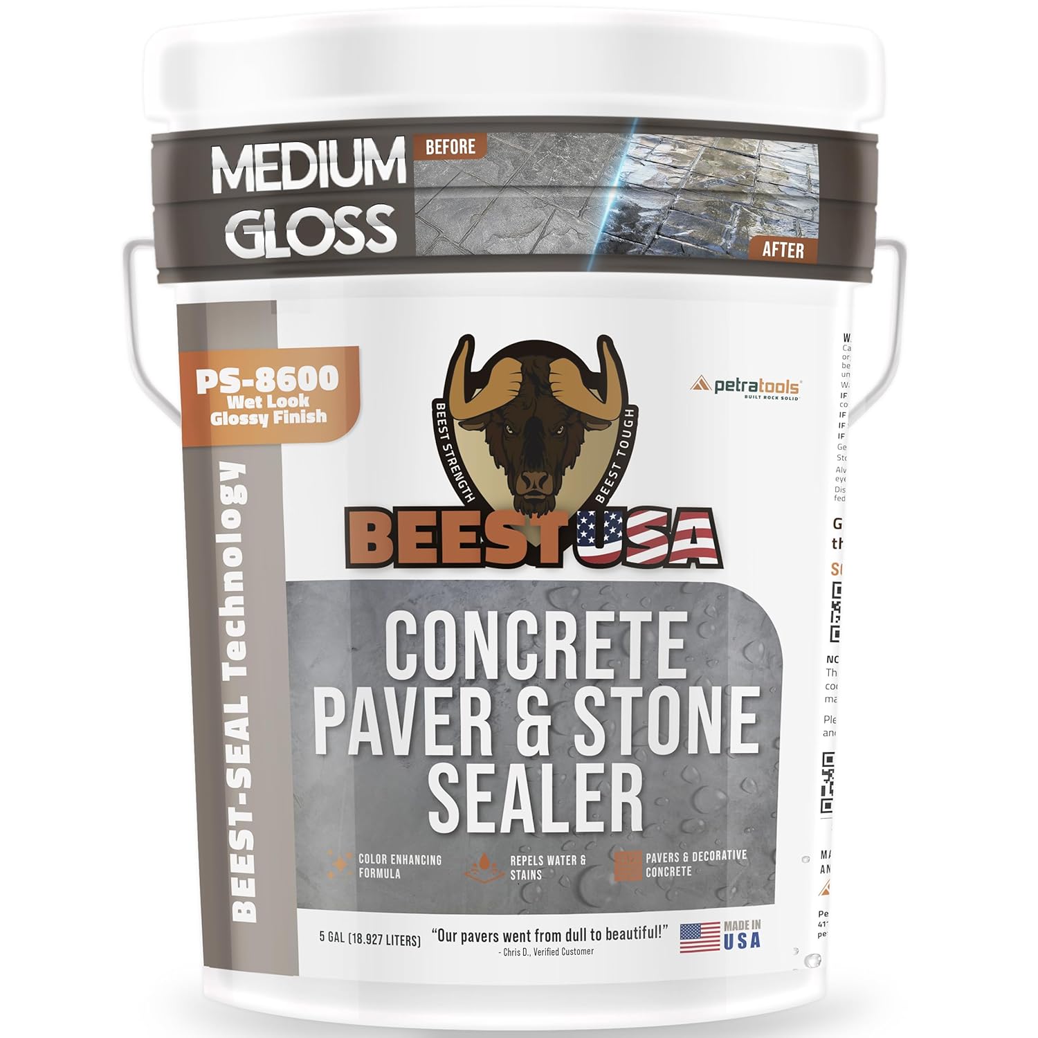 Paver Sealer - 8600 Wet Look (Medium Gloss) - 5 Gallon Covers up to 875-1250 sq ft (2 Coats)| Concrete Sealer Outdoor Paver Sealer - 8600 Wet Look (Medium Gloss) - 5 Gallon Covers up to 875-1250 sq ft (2 Coats)| Concrete Sealer Outdoor - Color Enhancing Acrylic Sealant for Stones, Patios, Pavers, Bricks & Driveways