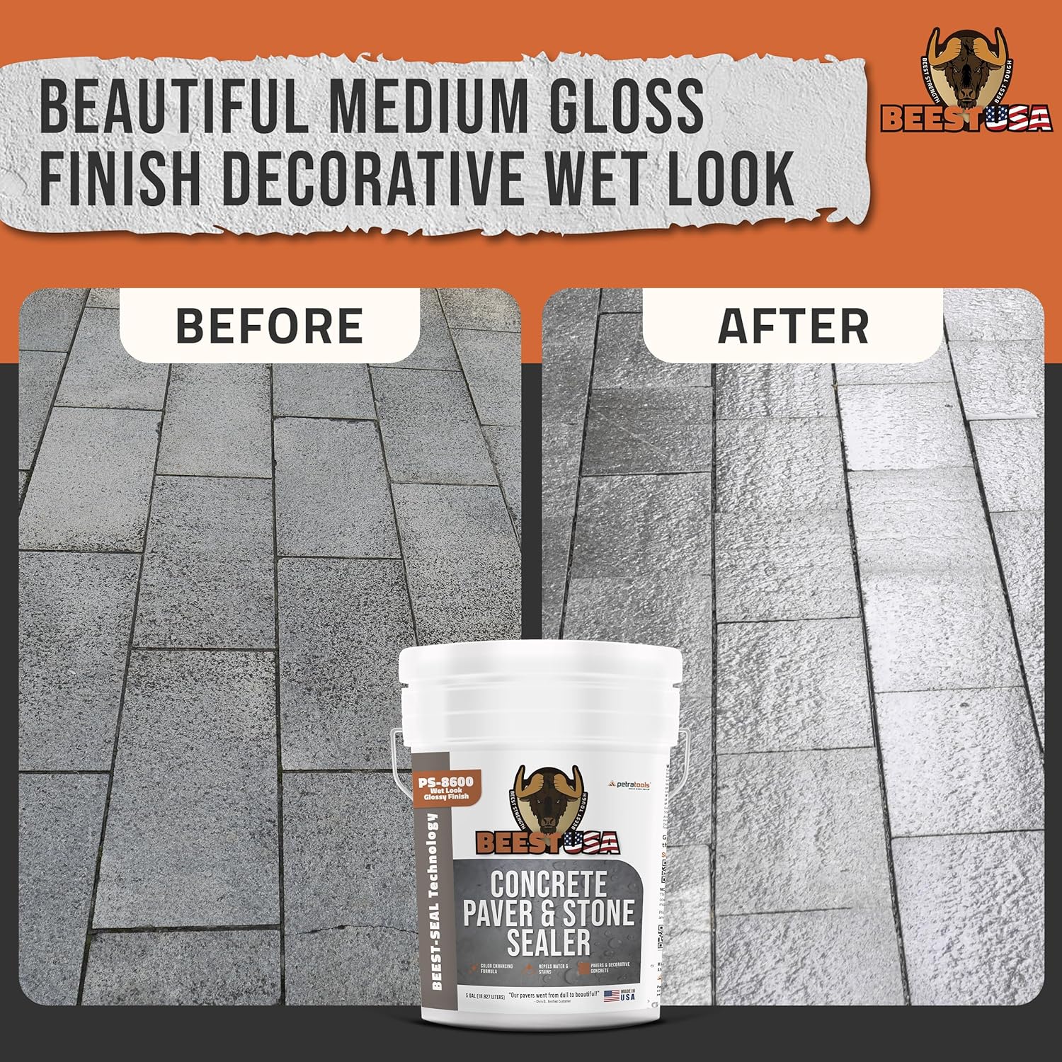 Paver Sealer - 8600 Wet Look (Medium Gloss) - 5 Gallon Covers up to 875-1250 sq ft (2 Coats)| Concrete Sealer Outdoor Paver Sealer - 8600 Wet Look (Medium Gloss) - 5 Gallon Covers up to 875-1250 sq ft (2 Coats)| Concrete Sealer Outdoor - Color Enhancing Acrylic Sealant for Stones, Patios, Pavers, Bricks & Driveways