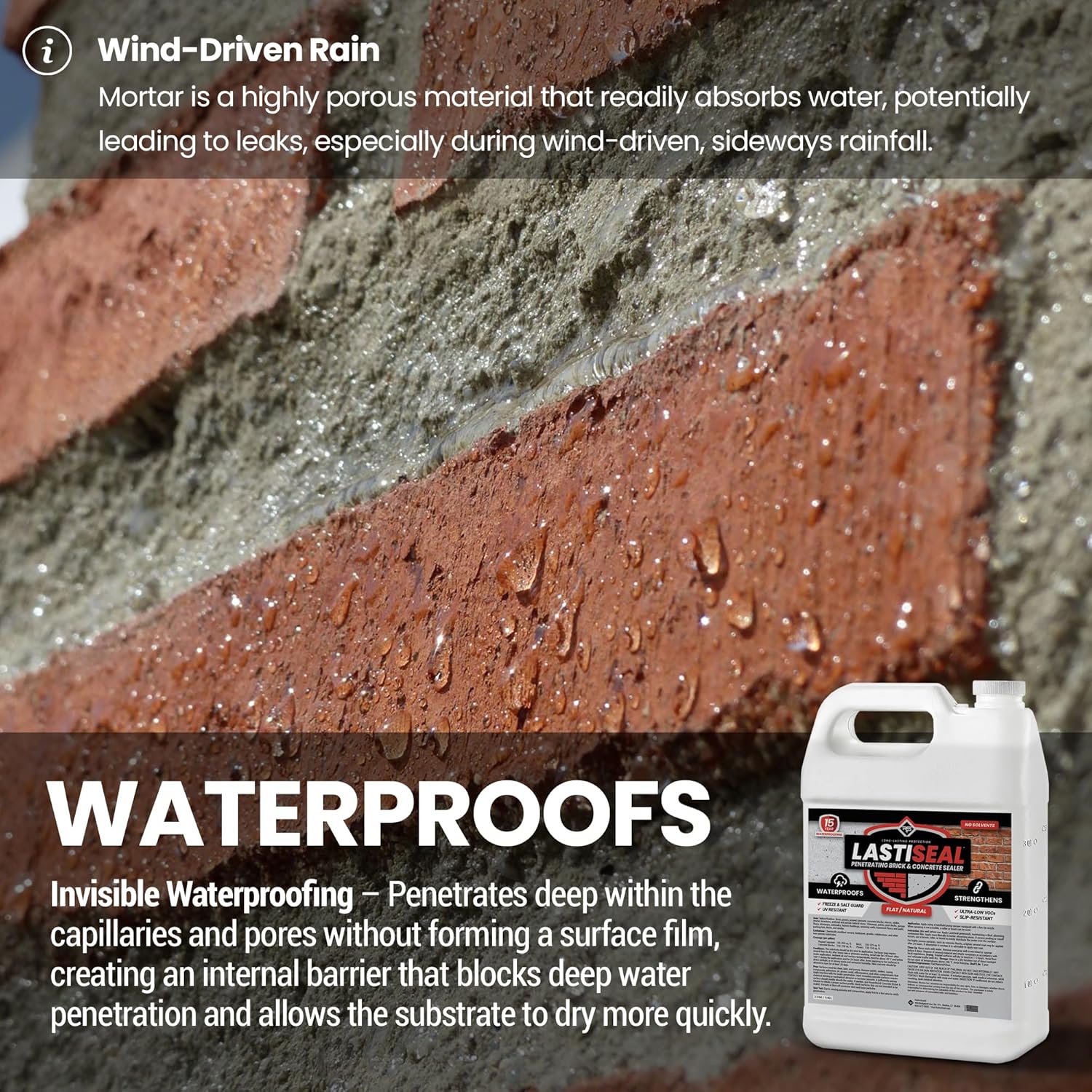 LastiSeal Brick & Concrete Sealer - Waterproofs & Strengthens Brick, Concrete, Pavers, Porous Stone - Flat/Natural - 5 Gals LastiSeal Brick & Concrete Sealer - Waterproofs & Strengthens Brick, Concrete, Pavers, Porous Stone - Flat/Natural - 5 Gals