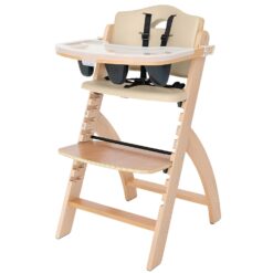 Abiie Beyond Junior Wooden High Chair with Tray - 6 Months to 250 Lb - Water Resistant - Natural Wood with Beige Cushion