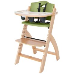 Abiie Beyond Junior Wooden High Chair with Tray - 6 Months to 250 Lb - Water Resistant - Natural Wood with Olive Cushion