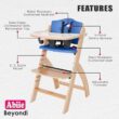 Abiie Beyond Junior Wooden High Chair with Tray - Adjustable and Convertible High Chair for Babies and Toddlers - 6 Months to 250 Lb - Water Resistant - Natural Wood with Blueberry Cushion