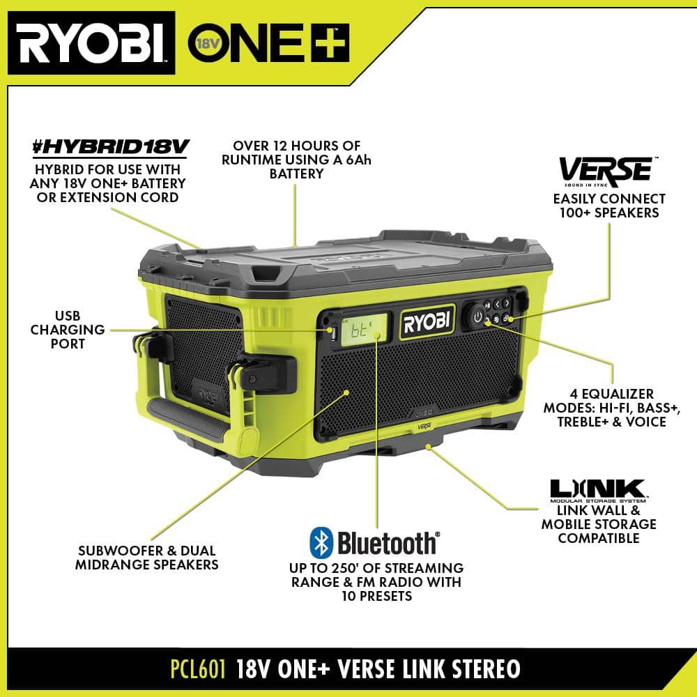 RYOBI ONE+ 18V Hybrid VERSE LINK Stereo (Tool Only) PCL601B RYOBI ONE+ 18V Hybrid VERSE LINK Stereo (Tool Only) PCL601B