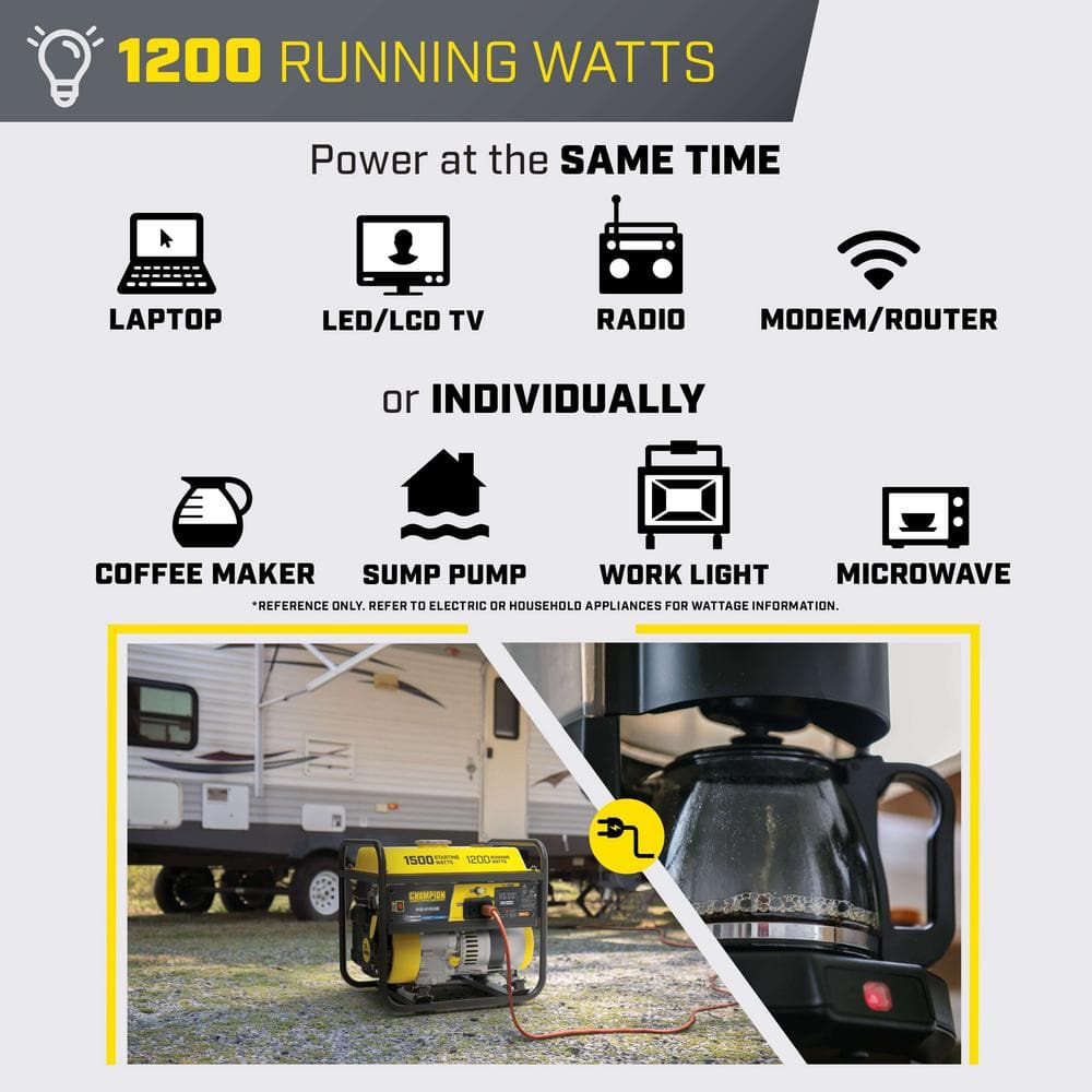 Champion Power Equipment 1500/1200-Watt Recoil Start Gasoline Powered RV Ready Portable Generator with CO Shield 201285
