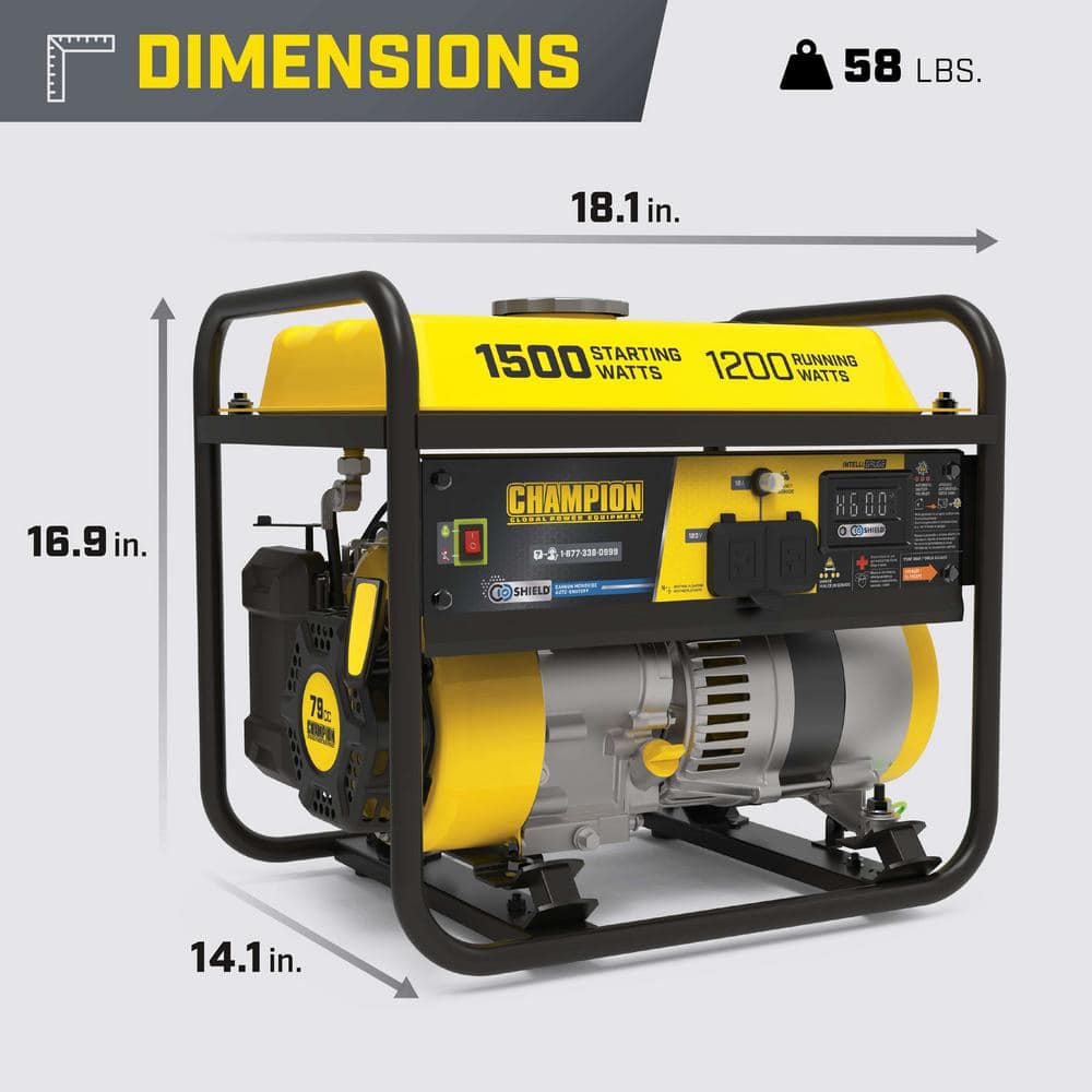 Champion Power Equipment 1500/1200-Watt Recoil Start Gasoline Powered RV Ready Portable Generator with CO Shield 201285
