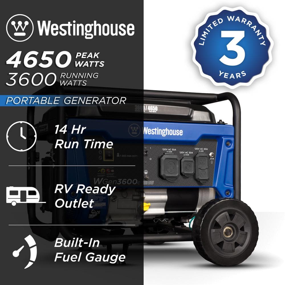 Westinghouse 4,650/3,600-Watt Gas Powered Portable Generator with Recoil Start WGen3600c Westinghouse 4,650/3,600-Watt Gas Powered Portable Generator with Recoil Start WGen3600c