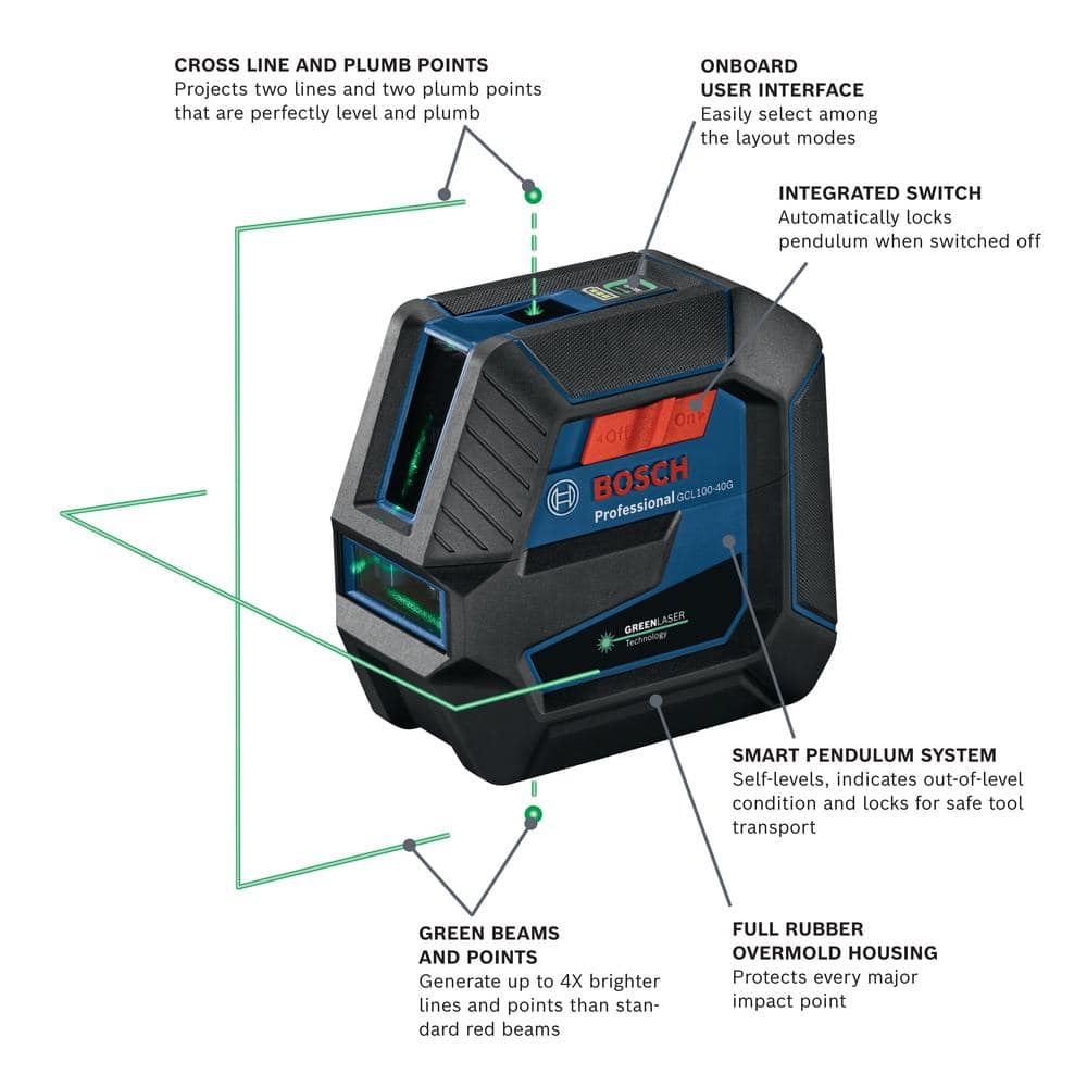 Bosch 165 ft. Green Combination Laser Level Self Leveling with VisiMax Technology, Fine Adjustment Mount & Hard Carrying Case GCL100-40G Bosch 165 ft. Green Combination Laser Level Self Leveling with VisiMax Technology, Fine Adjustment Mount & Hard Carrying Case GCL100-40G