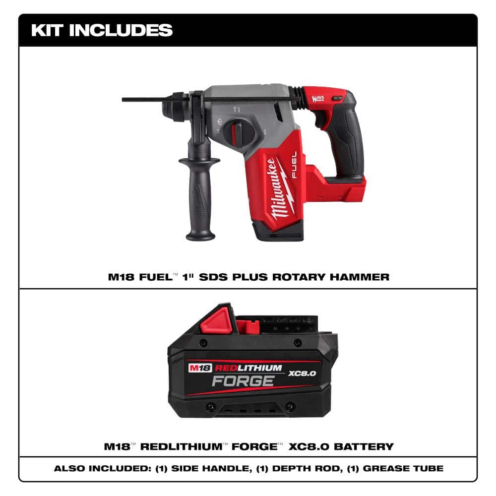 Milwaukee M18 FUEL 18V Lith-Ion Brushless Cordless 1 in. SDS-Plus Rotary Hammer with M18 REDLITHIUM FORGE XC 8.0 Ah Battery Pack 2912-20-48-11-1881