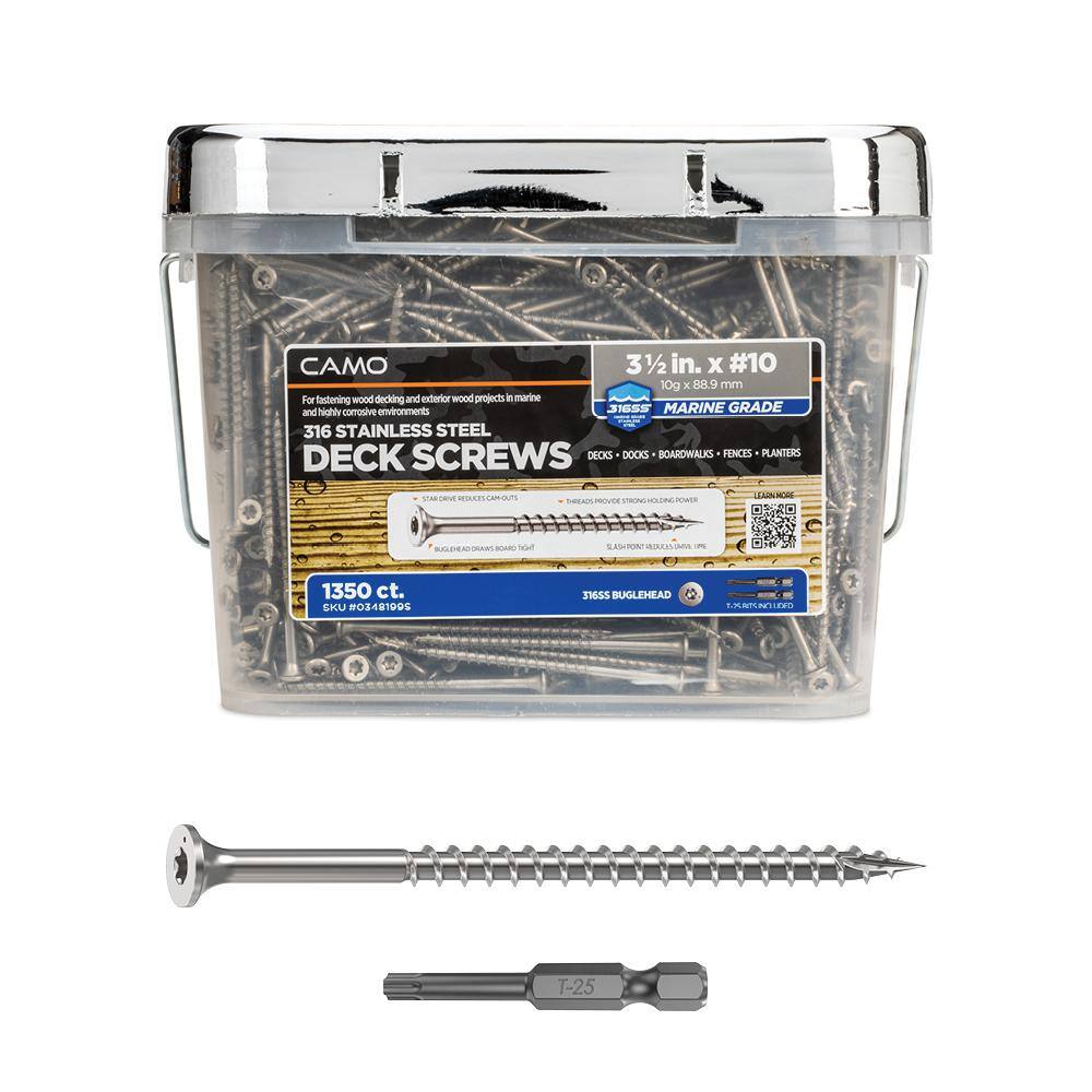 CAMO 3-1/2 in. #10 316 Stainless Steel Premium Star Drive Bugle-Head Deck Screws (1350-Count) 0348199S CAMO 3-1/2 in. #10 316 Stainless Steel Premium Star Drive Bugle-Head Deck Screws (1350-Count) 0348199S