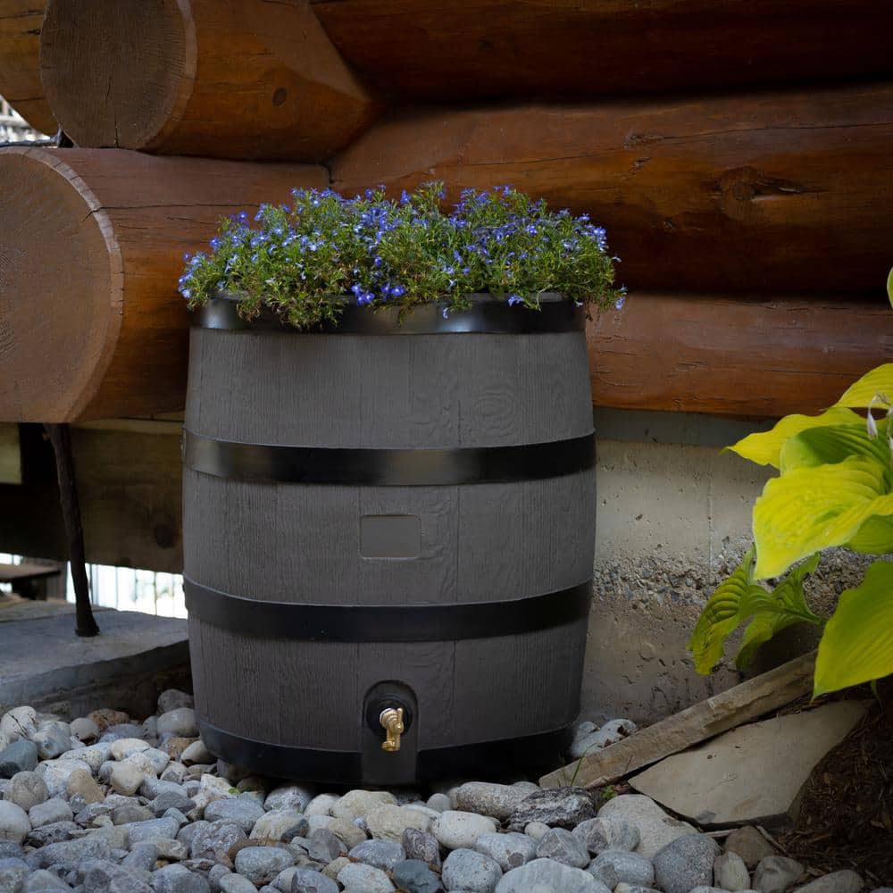 RTS Home Accents 35 Gal. Rain Barrel with Planter Woodgrain with Black Stripes Colour with Brass Spigot 55130002005681