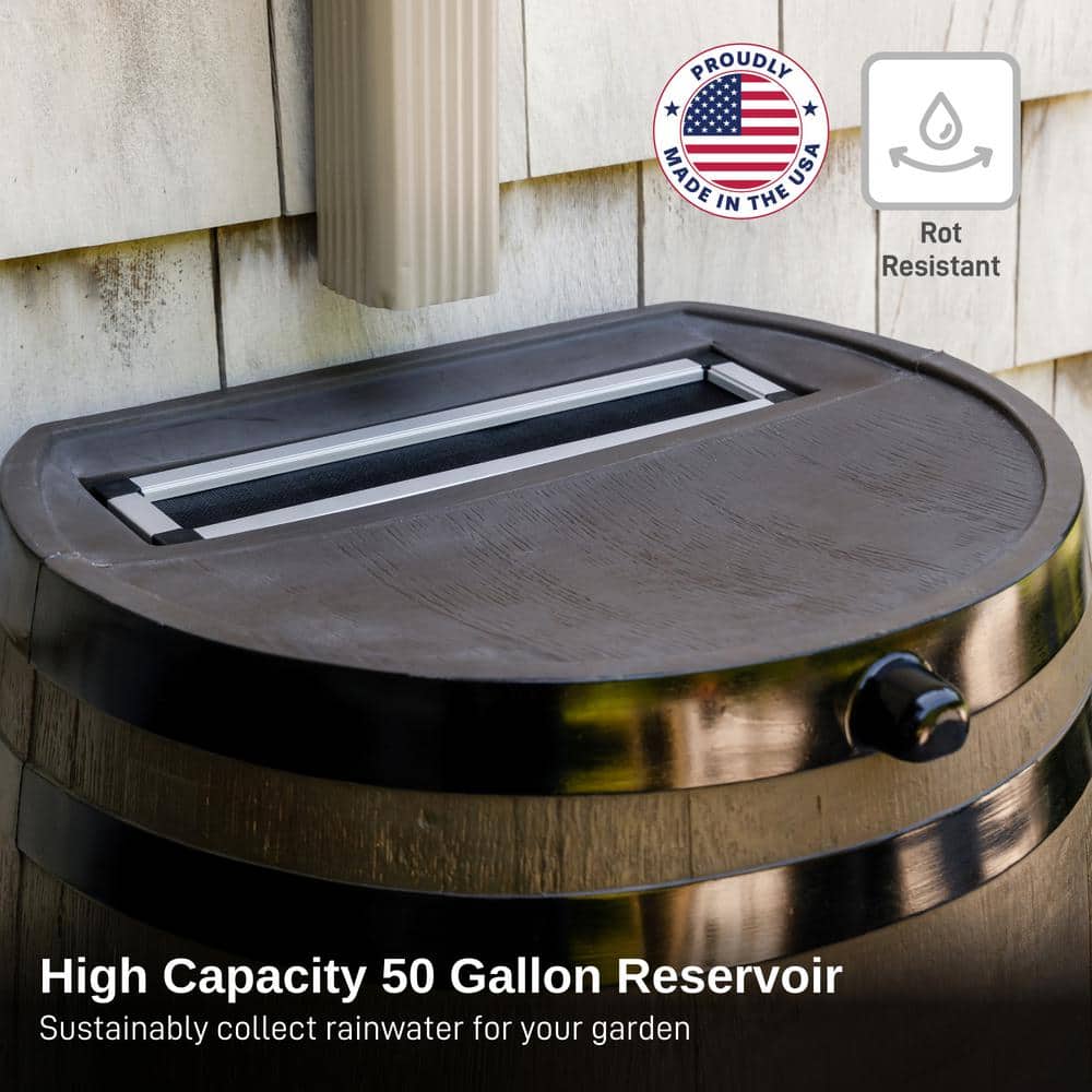 RTS Home Accents 50 Gal. Rain Barrel Woodgrain with Black Stripes Color with Brass Spigot 55100006005681