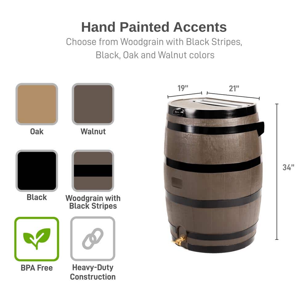 RTS Home Accents 50 Gal. Rain Barrel Woodgrain with Black Stripes Color with Brass Spigot 55100006005681