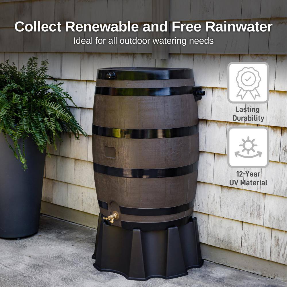 RTS Home Accents 50 Gal. Rain Barrel Woodgrain with Black Stripes Color with Brass Spigot 55100006005681