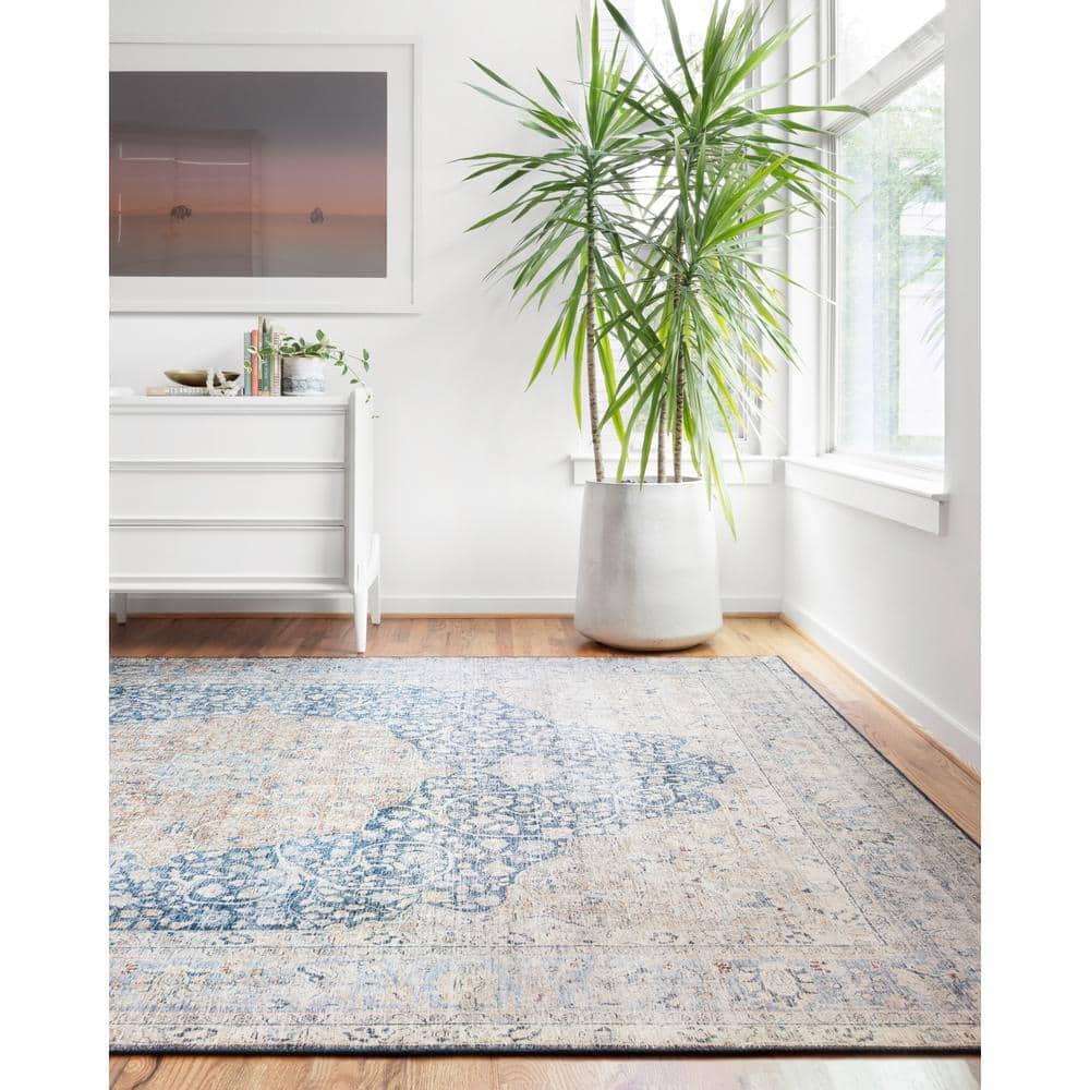 LOLOI II Layla Blue/Tangerine 9 ft. x 12 ft. Distressed Bohemian Printed Area Rug LAYLLAY-07BBTG90C0