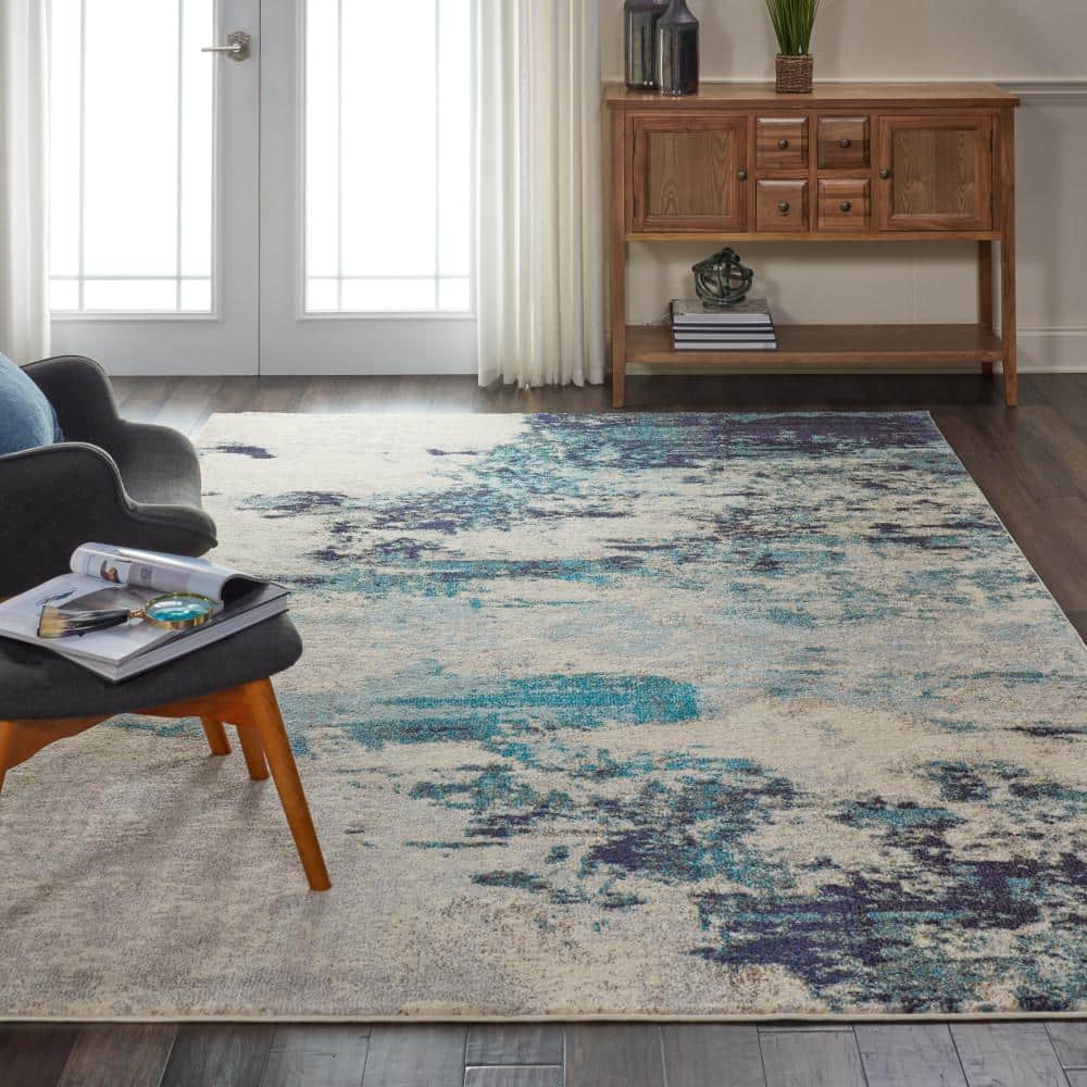 Nourison Celestial Ivory/Teal Blue 7 ft. x 10 ft. Abstract Modern Area Rug 473813