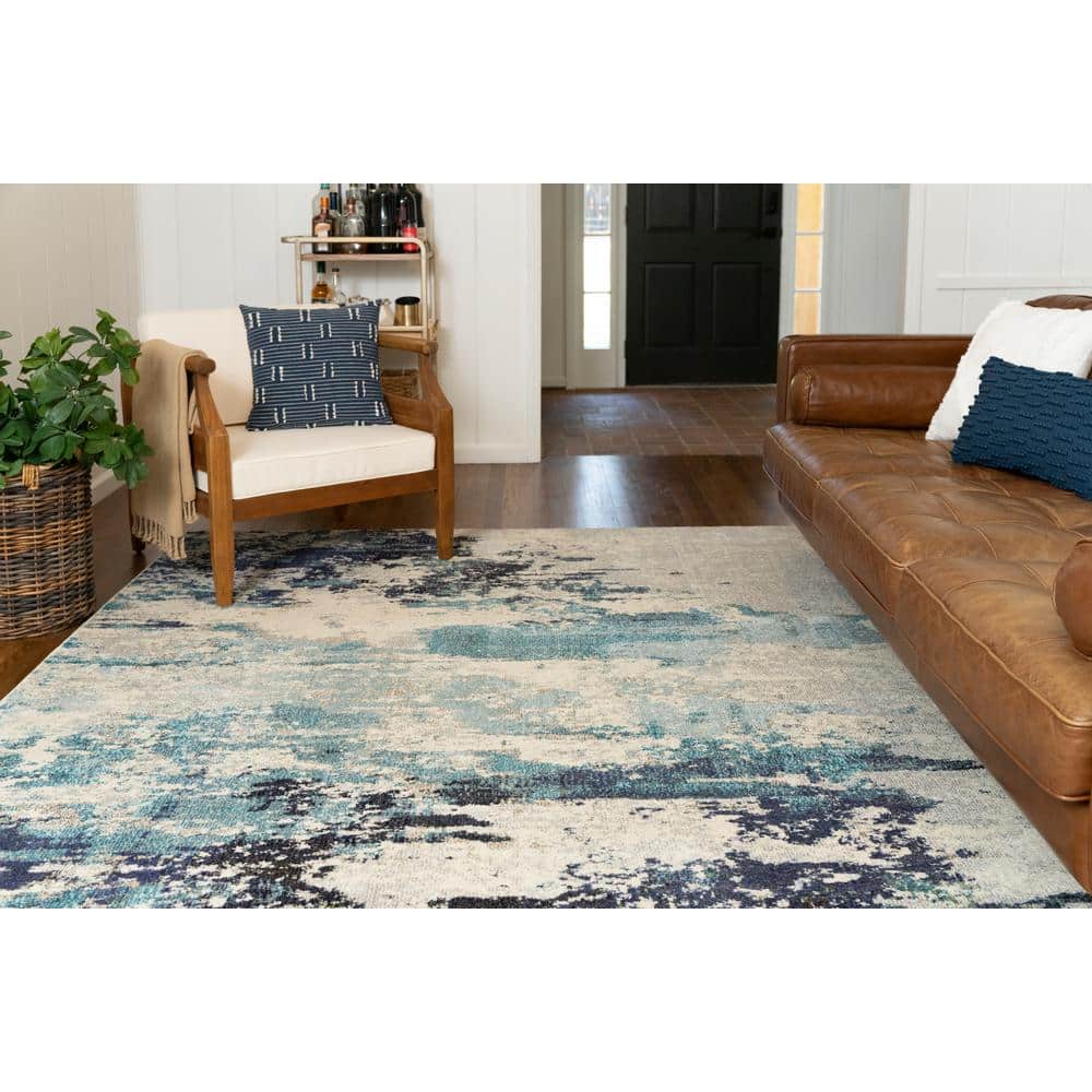Nourison Celestial Ivory/Teal Blue 7 ft. x 10 ft. Abstract Modern Area Rug 473813