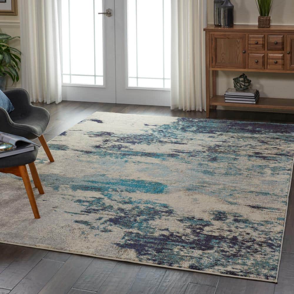 Nourison Celestial Ivory/Teal Blue 7 ft. x 10 ft. Abstract Modern Area Rug 473813