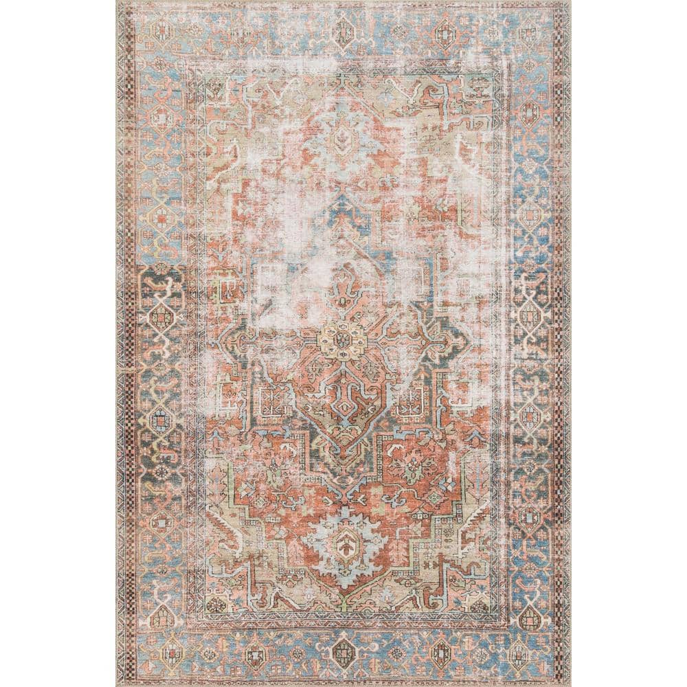 LOLOI II Loren Terracotta/Sky 7 ft. 6 in. x 9 ft. 6 in. Distressed Bohemian Printed Area Rug LORELQ-15TCSC7696
