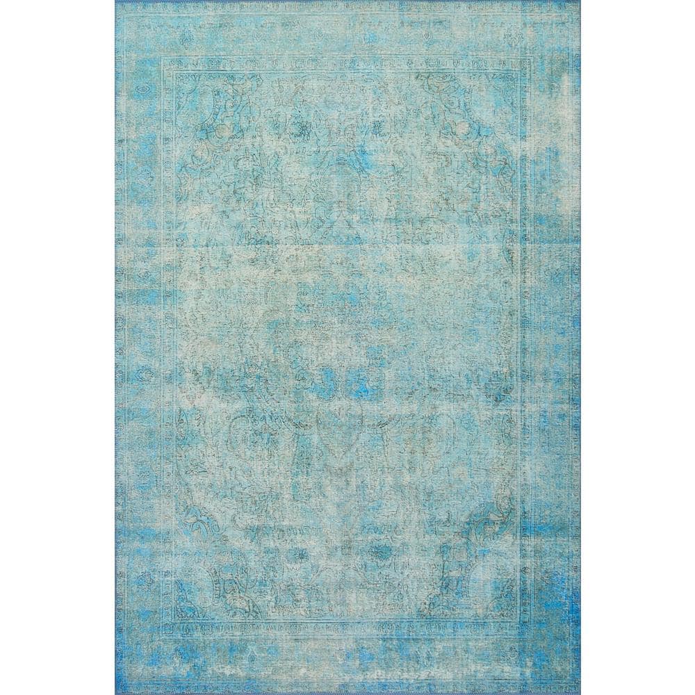LOLOI II Loren Aqua 7 ft. 6 in. x 9 ft. 6 in. Distressed Bohemian Printed Area Rug LORELQ-08AQ007696