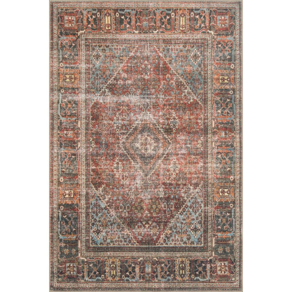 LOLOI II Loren Brick/Midnight 7 ft. 6 in. x 9 ft. 6 in. Distressed Bohemian Printed Area Rug LORELQ-13BKMD7696