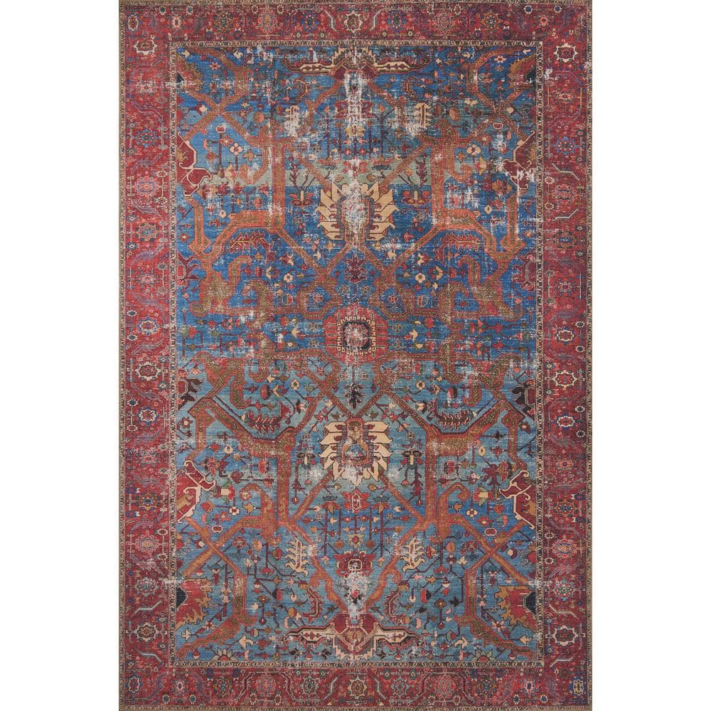 LOLOI II Loren Blue/Red 7 ft. 6 in. x 9 ft. 6 in. Distressed Bohemian Printed Area Rug LORELQ-10BBRE7696