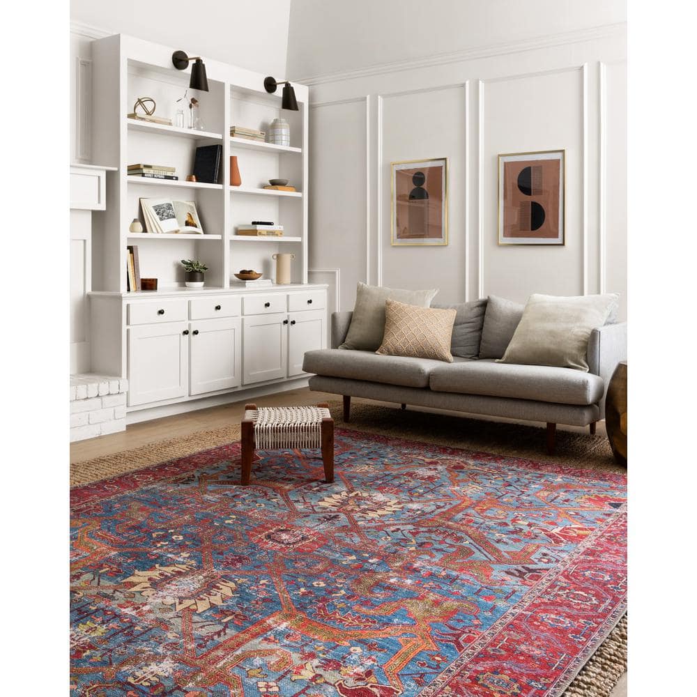 LOLOI II Loren Blue/Red 7 ft. 6 in. x 9 ft. 6 in. Distressed Bohemian Printed Area Rug LORELQ-10BBRE7696