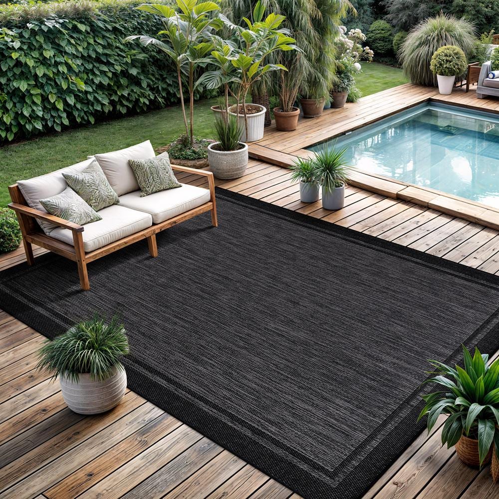 CAMILSON Hawaii Black 9 ft. x 12 ft. Bordered Indoor Outdoor Area Rug OUT800-BLK-9x12-HD