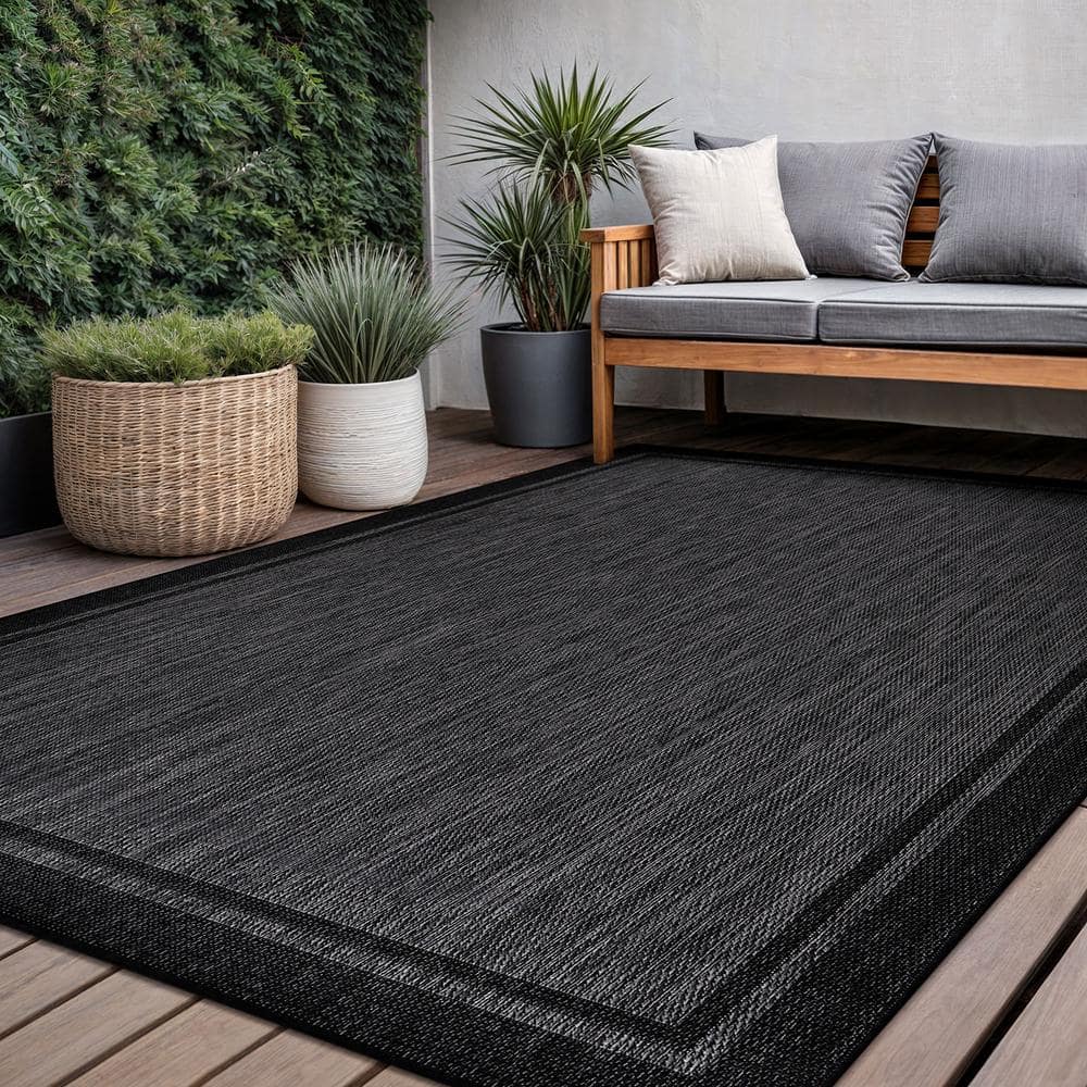 CAMILSON Hawaii Black 9 ft. x 12 ft. Bordered Indoor Outdoor Area Rug OUT800-BLK-9x12-HD
