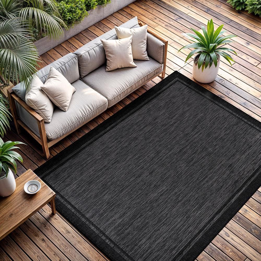 CAMILSON Hawaii Black 9 ft. x 12 ft. Bordered Indoor Outdoor Area Rug OUT800-BLK-9x12-HD