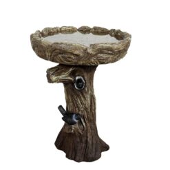 Watnature 23in. Tall Fibre Reinforced Concrete Birdbaths with Birds for Patio, Woodland Tree Trunk Decorative Bird Bath for Garden B_SJ30011