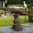 Watnature 23in. Tall Fibre Reinforced Concrete Birdbaths with Birds for Patio, Woodland Tree Trunk Decorative Bird Bath for Garden B_SJ30011