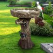 Watnature 23in. Tall Fibre Reinforced Concrete Birdbaths with Birds for Patio, Woodland Tree Trunk Decorative Bird Bath for Garden B_SJ30011