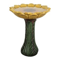 Watnature 24.4 in. H Concrete Outdoor Birdbath - Sunflower Bowl with Green Leaf Pedestal for Garden, Patio, Lawn, Yard Decor 30023
