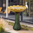 Watnature 24.4 in. H Concrete Outdoor Birdbath - Sunflower Bowl with Green Leaf Pedestal for Garden, Patio, Lawn, Yard Decor 30023