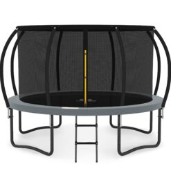 JUMPZYLLA Trampoline Outdoor 14FT with Enclosure and Ladder, ASTM Approved Recreational Trampoline for Kids and Adults, Anti-Rust Coated Frame, Gray