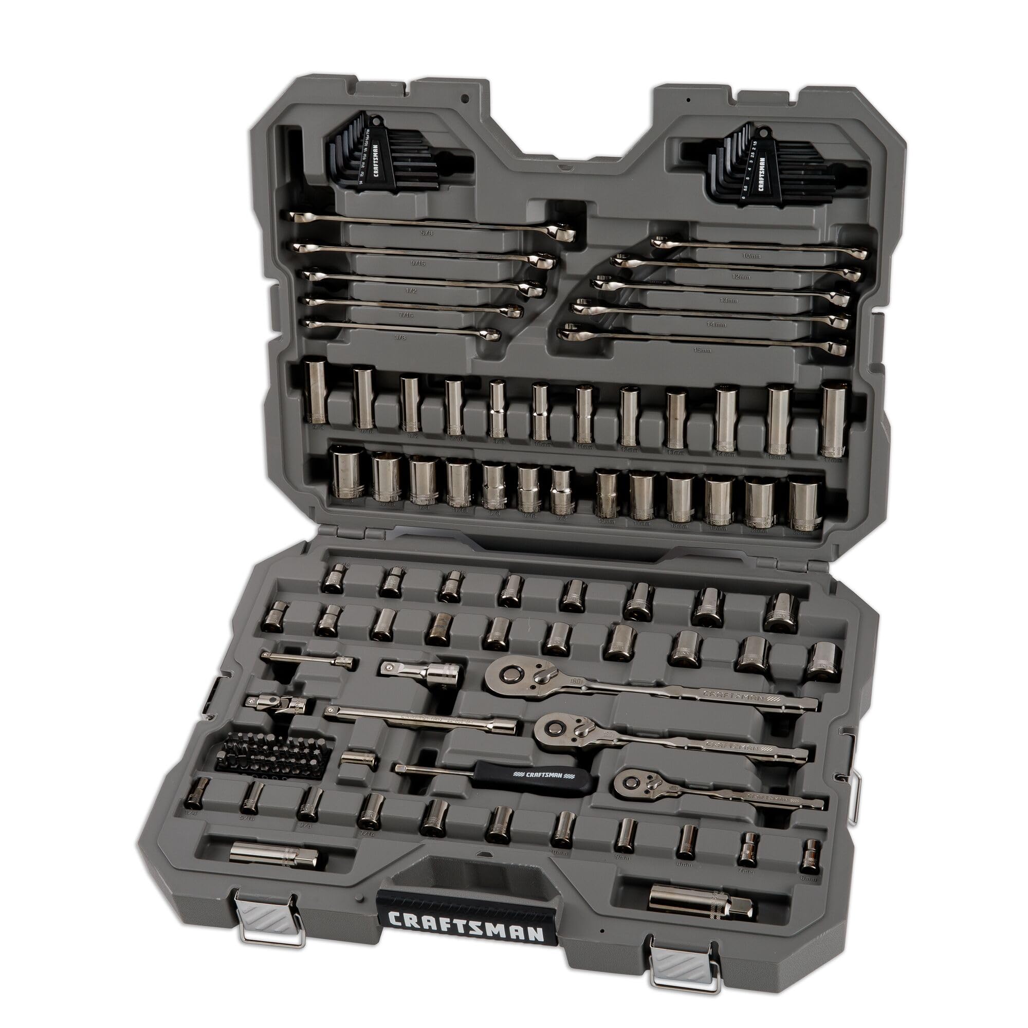 CRAFTSMAN OVERDRIVE 121-Piece Gunmetal Chrome Mechanics Tool Set, Standard SAE/Metric Socket Set, with Hard Case (CMMT99121L) CRAFTSMAN OVERDRIVE 121-Piece Gunmetal Chrome Mechanics Tool Set, Standard SAE/Metric Socket Set, with Hard Case (CMMT99121L)
