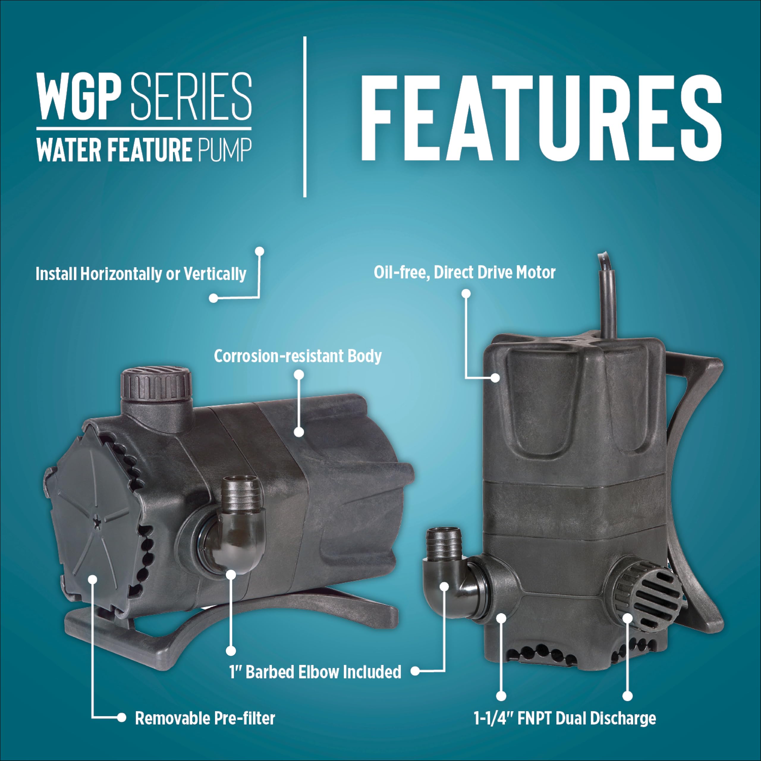 Little Giant WGP-95-PW 115 Volt, 4280 GPH Dual Discharge Direct Drive Submersible Waterfall and Pond Pump, Black, 566407 Little Giant WGP-95-PW 115 Volt, 4280 GPH Dual Discharge Direct Drive Submersible Waterfall and Pond Pump, Black, 566407 - Image 6