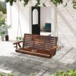 Outsunny Upgraded Wooden Porch Swing 3-Seater, 5 FT Outdoor Patio Swing Bench with Cupholders, Hanging Chains, Carbonized