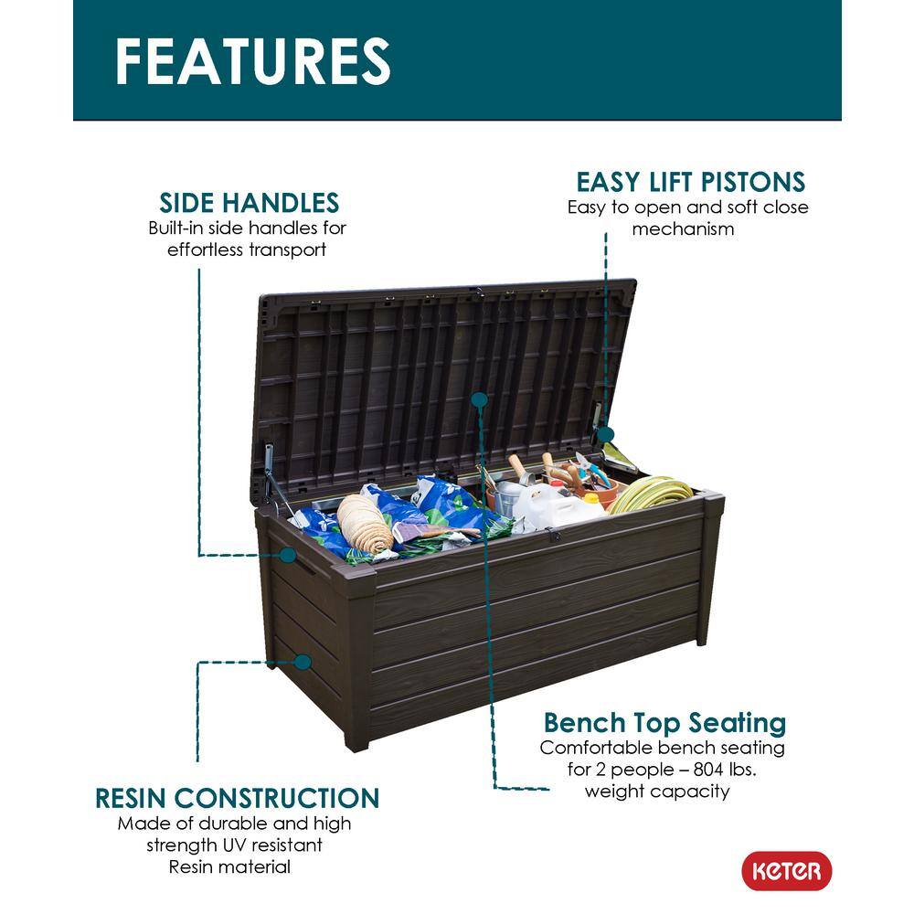 Keter Brightwood 120 Gal. Resin Large Deck Box for Outdoor Patio Garden Furniture, Cushion Storage, Pool Accessories, Grey Keter Brightwood 120 Gal. Resin Large Deck Box for Outdoor Patio Garden Furniture, Cushion Storage, Pool Accessories, Grey - Image 9