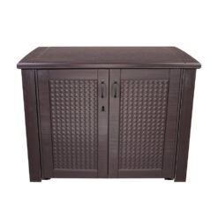 Rubbermaid Patio Chic 123 Gal. Resin Basket Weave Patio Cabinet in Brown