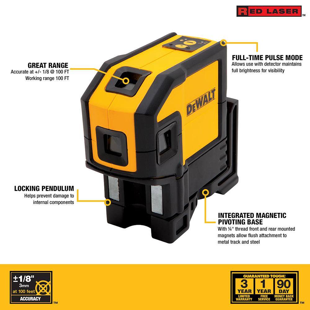 DEWALT 165 ft. Red Self-Leveling 5-Spot & Horizontal Line Laser Level with (3) AA Batteries & Case DEWALT 165 ft. Red Self-Leveling 5-Spot & Horizontal Line Laser Level with (3) AA Batteries & Case - Image 13