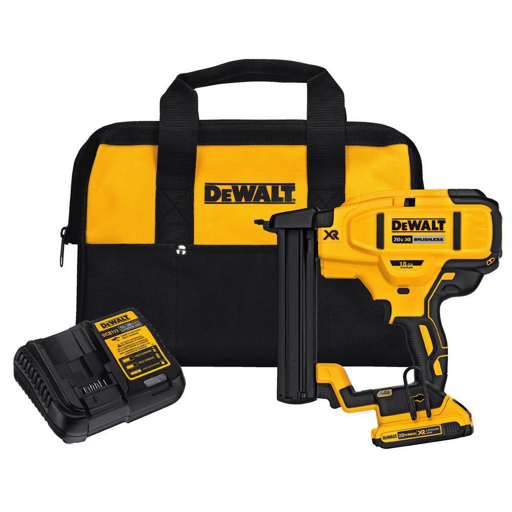 DEWALT 20V MAX XR Lithium-Ion Cordless 18-Gauge Narrow Crown Stapler Kit with 2.0Ah Battery, Charger and Contractor Bag DEWALT 20V MAX XR Lithium-Ion Cordless 18-Gauge Narrow Crown Stapler Kit with 2.0Ah Battery, Charger and Contractor Bag