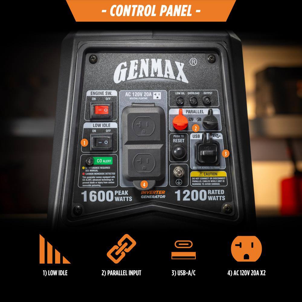 GENMAX 1600-Watt Recoil Start Gasoline Powered Inverter Generator Ultra Light-weight Super Quiet With 57CC OHV Engine GENMAX 1600-Watt Recoil Start Gasoline Powered Inverter Generator Ultra Light-weight Super Quiet With 57CC OHV Engine - Image 7