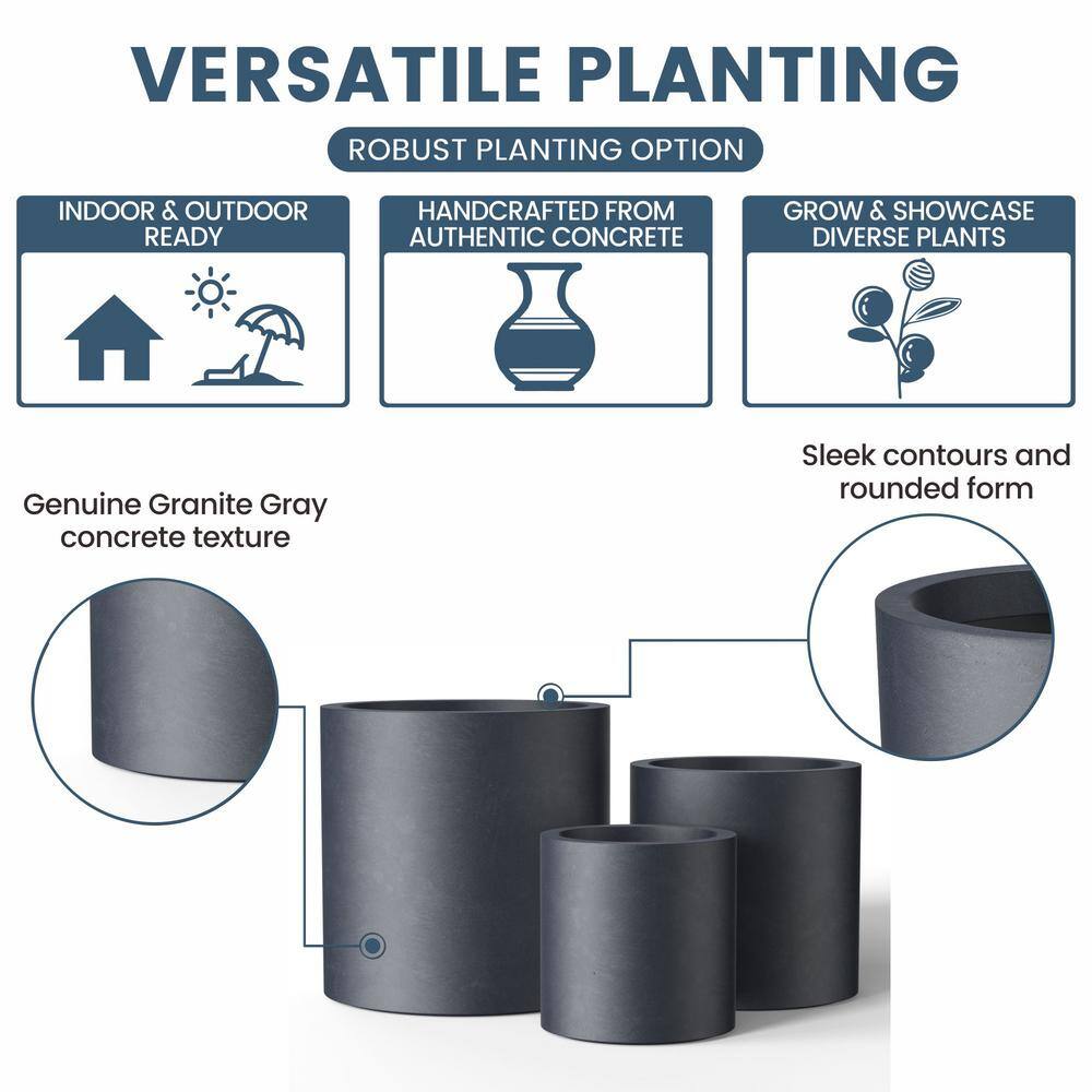 Sapcrete 10in., 13in., 16in. Dia Granite Gray Extra Large Tall Round Concrete Plant Pot / Planter for Indoor & Outdoor Set of 3 Sapcrete 10in., 13in., 16in. Dia Granite Gray Extra Large Tall Round Concrete Plant Pot / Planter for Indoor & Outdoor Set of 3 - Image 2