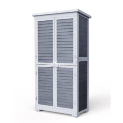 Lofka 34.3 in. W x 18.3 in. D x 63.2 in. H Wood Outdoor Storage Cabinet, Double Lockable Wooden Garden Shed, Gray