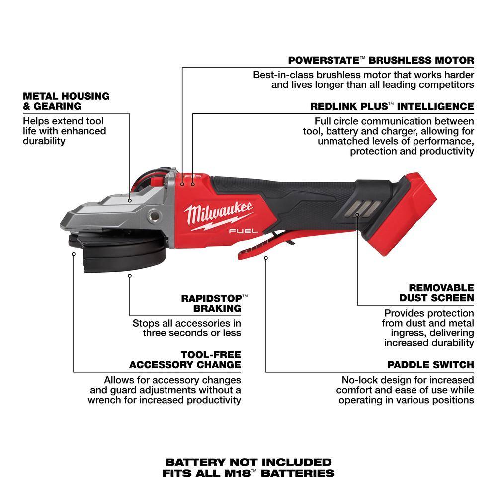 Milwaukee M18 FUEL 18V Lithium-Ion Brushless Cordless 5 in. Flathead Braking Grinder w/Paddle Switch No-Lock and Brushless Grinder Milwaukee M18 FUEL 18V Lithium-Ion Brushless Cordless 5 in. Flathead Braking Grinder w/Paddle Switch No-Lock and Brushless Grinder - Image 12