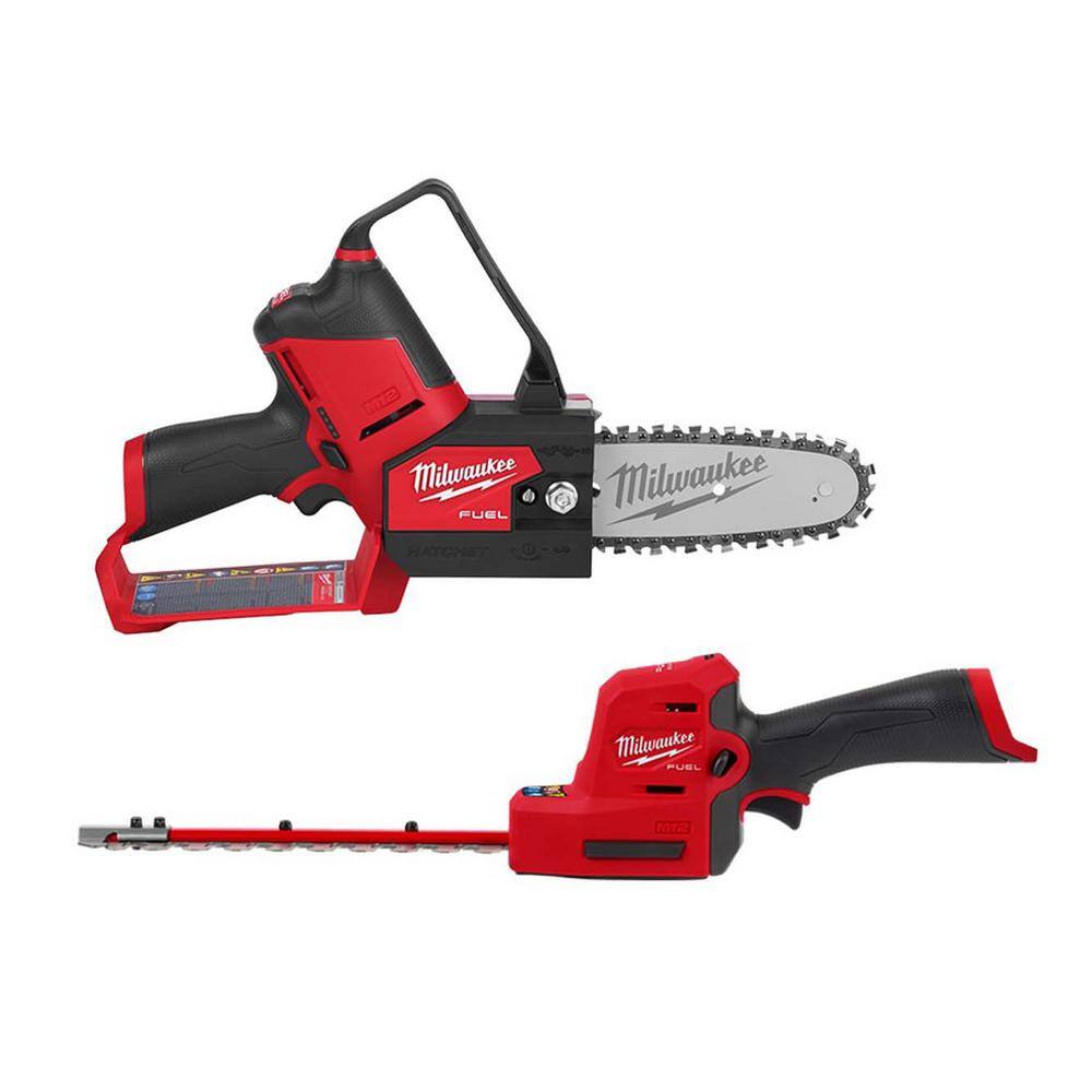 Milwaukee M12 FUEL 6 in. 12V Brushless Cordless Battery Powered Pruning Chainsaw HATCHET w/ M12 8 in. Hedge Trimmer Milwaukee M12 FUEL 6 in. 12V Brushless Cordless Battery Powered Pruning Chainsaw HATCHET w/ M12 8 in. Hedge Trimmer