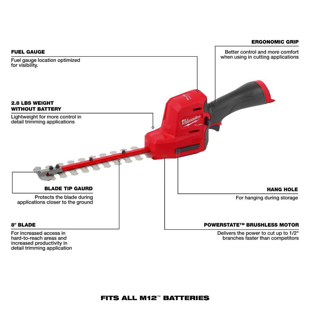 Milwaukee M12 FUEL 6 in. 12V Brushless Cordless Battery Powered Pruning Chainsaw HATCHET w/ M12 8 in. Hedge Trimmer Milwaukee M12 FUEL 6 in. 12V Brushless Cordless Battery Powered Pruning Chainsaw HATCHET w/ M12 8 in. Hedge Trimmer - Image 6